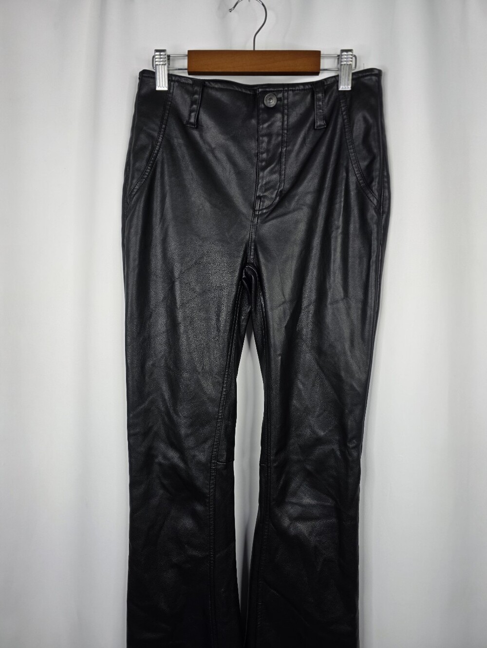 We The Free Black Faux Leather Flare Pants Slit Sides Curve Hugging Slim Size 26 - Picture 4 of 16